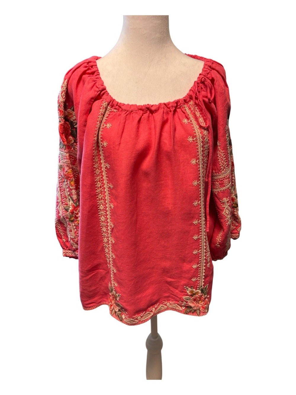 Johnny Was Coral Embroidered Peasant Blouse